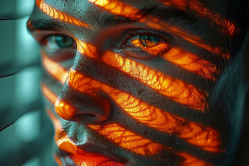Poster - An abstract image of a man's face, with his features blending into a rigid, hierarchical structure.