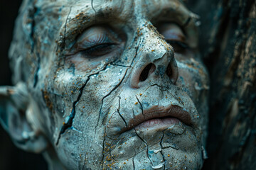Poster - An abstract image of a man's face, with his features blending into a rigid, hierarchical structure.