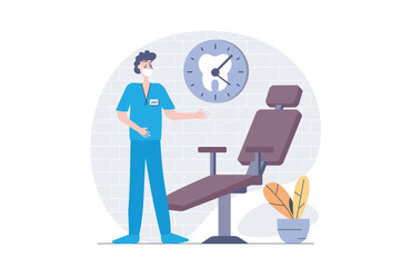 Poster - Medicine concept in modern flat design for web. Dentist working in stomatology office and waiting patients by chair for checkup and dentistry procedures, orthodontist service. Vector illustration.