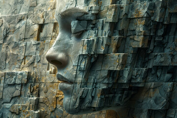 Poster - An abstract depiction of a man's face, with his features blending into a rigid, hierarchical structure, overlooking a series of smaller figures below.