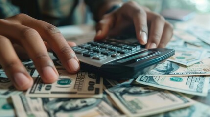 Aufkleber - Close-up of hands counting money with a calculator, calculating profits and financial gains.