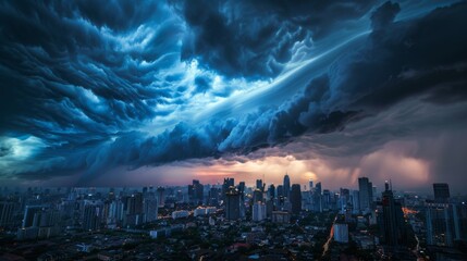 Poster - Dark storm clouds gathering ominously over a city skyline, hinting at an impending thunderstorm.