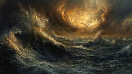 Poster - Dramatic seascape with towering waves and dark storm clouds on the horizon, depicting a maritime storm.