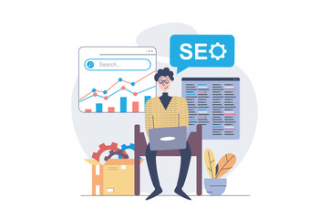 Wall Mural - SEO optimization concept in modern flat design for web. Man analyzing engine search data and improving internet page traffic, making settings and working with analytics report. Vector illustration.