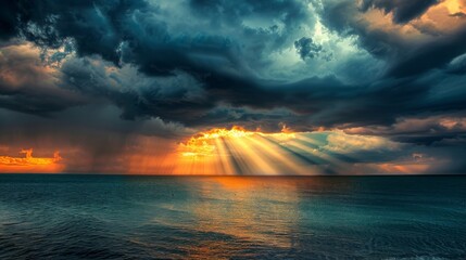 Poster - Dramatic sunset after a storm, with rays of sunlight breaking through dark clouds over a calm sea.
