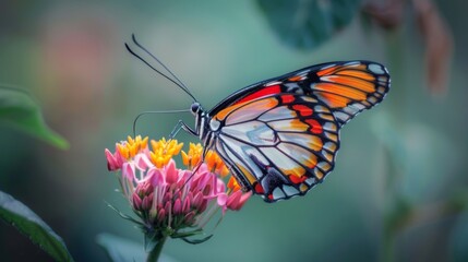 Poster - Macro close-up of a colorful butterfly perched on a flower, with delicate wings spread open.
