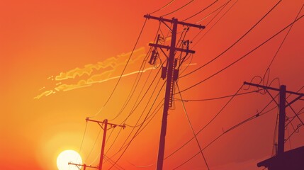 Poster - Power lines against a sunrise, with the sun casting long shadows and highlighting