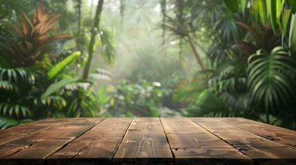 Aufkleber - A wooden table sits in front of a lush, green jungle with fog.