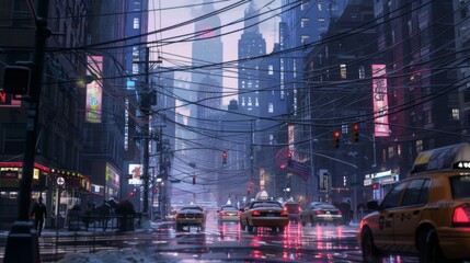 Poster - Power lines crossing over a busy city street, with skyscrapers in the background.
