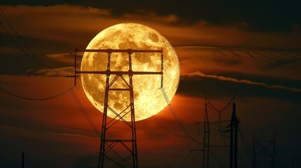 Poster - Power lines silhouetted against a full moon, creating a striking and atmospheric image.