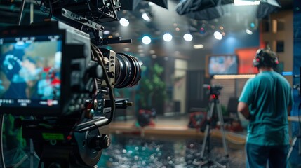 Poster - a professional camera captures a man standing in a television studio with bright lights and a monito