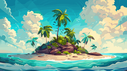 Paradise tropical island with palm trees in the ocean vector cartoon illustration