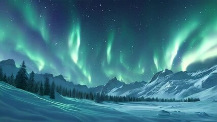 aurora glowing green in the snow mountains 4k