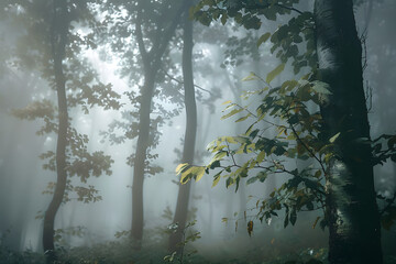 Wall Mural - Surreal beautiful forest with fog