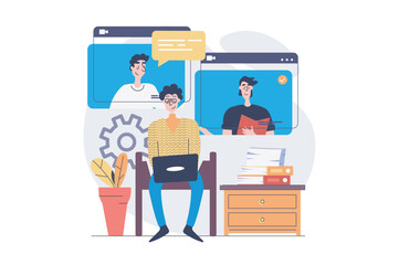 Wall Mural - Video conference concept in modern flat design for web. Colleagues connecting online via zoom call from laptop program, speaking and discussing work, doing tasks remotely in team. Vector illustration.