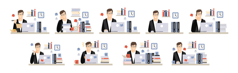 Sticker - Man Office Clerk and Employee at Desk with Laptop Vector Set