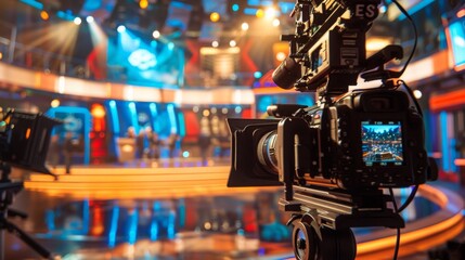 Poster - a professional camera is set up in a brightly lit studio, capturing a live event.