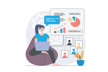 Aufkleber - Video conference concept in modern flat design for web. Woman doing work task distantly and making data analysis, sharing link to report with colleagues online for teamwork. Vector illustration.