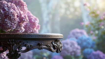 Poster - Close-up of a vintage wooden table with intricate carvings, adorned with pink hydrangeas. The background is a blurred garden with bokeh effects
