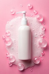 Blank white packaging bottle of cosmetics surrounded by soap foam on a pink background.