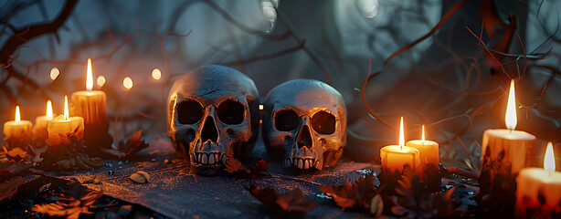 Canvas Print - Halloween Background with Candles and Skull. Spooky Graveyard Tabletop.