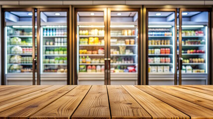 tabletop on a blurred store refrigerators with products background , mock up product display