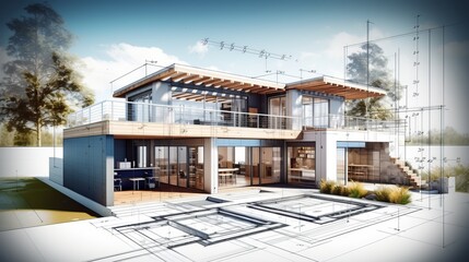 Poster - vision of architecture of a 3d model house project with blueprint