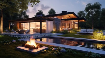 Wall Mural - modern residential building with fire place and swimming pool in garden in the evening