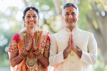 Wall Mural - Portrait of a smiling indian couple in their 30s joining palms in a gesture of gratitude