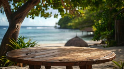 Poster - A wooden table sits on a sandy beach with a view of the ocean and lush greenery.