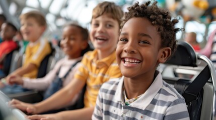 A diverse group of children with beaming smiles enjoy an exciting indoor ride at an amusement park, their laughter echoing through the vibrant surroundings full of energy.