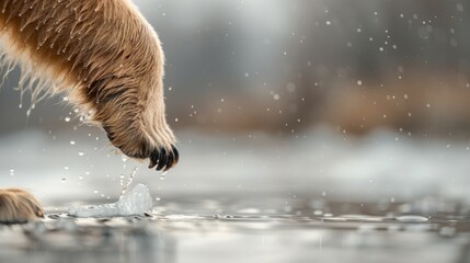 Hyper Close up of an Arctic Bear s Paw Touching Melting Ice with Visible Water Droplets