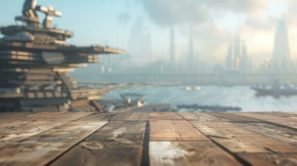 Aufkleber - A wooden platform overlooks a futuristic city skyline with tall buildings and a large ship docked in the foreground. The scene is set in a hazy atmosphere, suggesting early morning or evening.