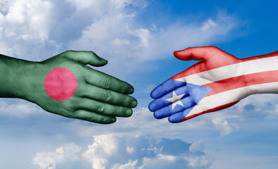 Puerto Rico and Bangladesh country handshaking with flags, consensus concept international co-operation illustration