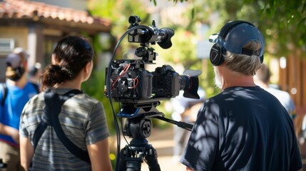 Aufkleber - A film crew sets up a camera on a tripod outside, surrounded by greenery. The cameraman is wearing headphones and adjusting the camera lens.
