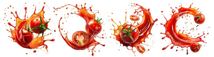 Wall Mural - Set of delicious red tomatoes splashing in tomato juice, cut out