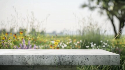Poster - A concrete tabletop sits in a lush garden with a blurred background of blooming flowers and greenery.