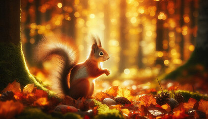 Wall Mural - Squirrel in enchanting autumn forest with golden light