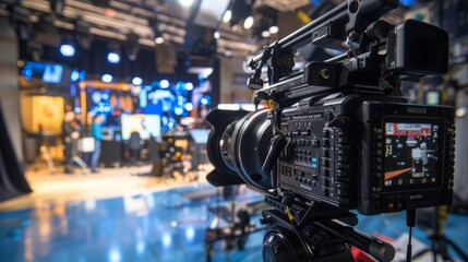 Poster - A professional film camera with a large lens is positioned on a tripod, capturing footage in a television studio.