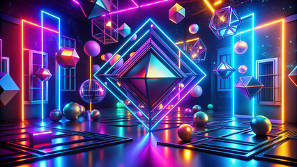 Poster - A dark, futuristic setting with a geometric structure in the center, illuminated by bright neon lights. Geometric shapes, including spheres, hang in the air and reflect the light
