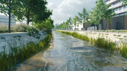 Wall Mural - Generate a photo realistic image of urban flood management systems using green infrastructure and advanced drainage techniques; ensure the image is of high resolution for clear and detailed quality.