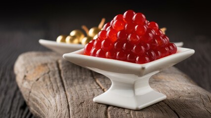 Poster - A small bowl of red caviar on a wooden table, AI