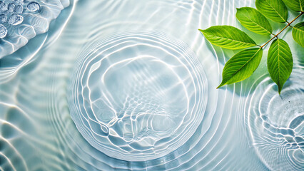 Poster - Green leaves rest on a surface of clear, rippling water with light reflecting on the surface