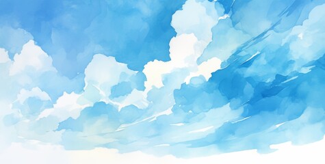 Wall Mural - Minimalistic Watercolor Blue Sky and Cloud Banner Background with White Space for Text, Ideal for Presentation Design

