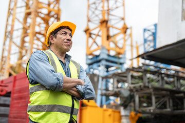 Wall Mural - Confident construction senior male crane operator wearing a yellow hard hat and safety vest standing with arms crossed in front of tower crane at construction site.