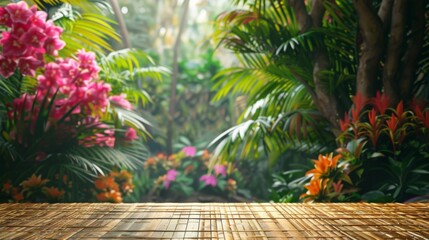 Wall Mural - A wooden tabletop sits in front of a lush tropical garden with vibrant green leaves and pink and orange flowers.