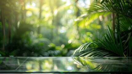 Poster - A glass tabletop sits in front of a blurred background of lush green foliage, with bright sunlight filtering through the leaves.