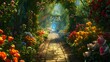 © Davy - an enchanted garden pathway lined with vibrant flowers in full bloom alice in wonderland background