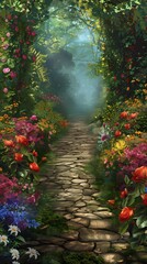 Sticker -  an enchanted garden pathway lined with vibrant flowers in full bloom alice in wonderland background