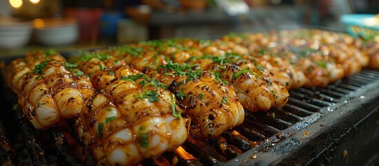 Canvas Print - Grilled Squid with Herbs on a Hot Grill